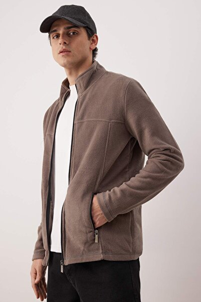 Trendyol Collection Dark Beige Regular/Normal Cut Zippered Fleece Sweatshirt Tmnaw26Sw00063