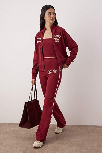 Trendyol Collection Burgundy 3-Piece Teen Slogan Embroidery Detailed Zippered Stretchy Knitted Bottom - Top Set Twoaw26Au00091