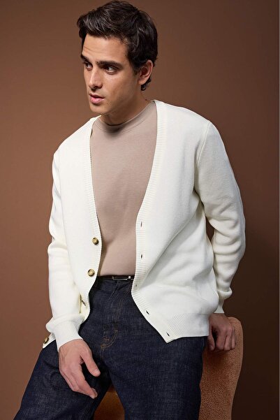 Trendyol Collection Ecru Oversize V-Neck Plain Cardigan Tmnaw26Hi00000