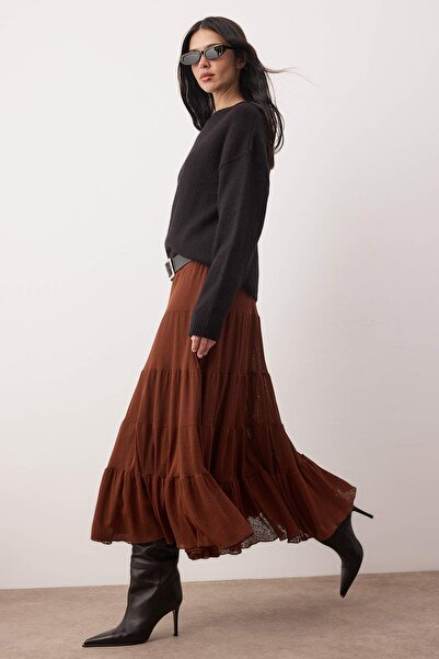 Trendyol Collection Brown A-Line Ruffle Detail Foam Stretchy Knitted Skirt Twoaw26Et00155