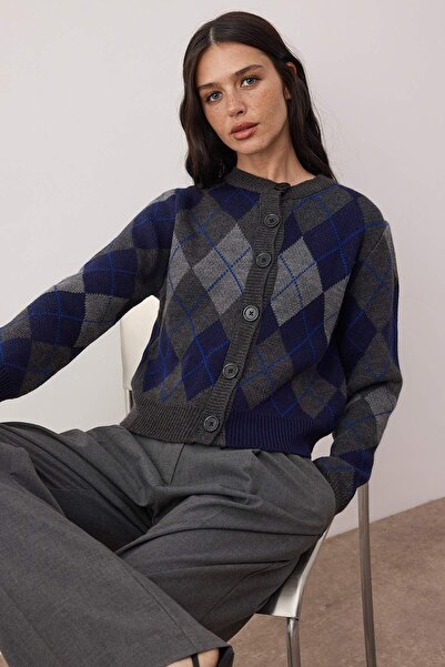 Trendyol Collection Navy Blue Crew Neck Diamond/Plaid Patterned Knitwear Cardigan Twoaw26Hi00234
