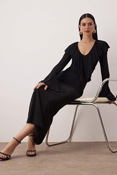 Trendyol Collection Black Ruffled Knitted Sandy Midi Lined Stylish/Evening Dress Tprss26El00001