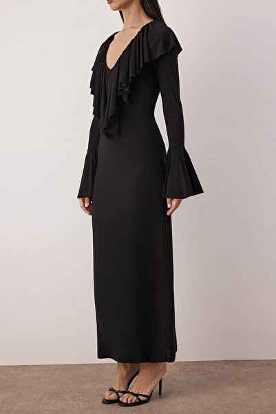 Trendyol Collection Black Ruffled Knitted Sandy Midi Lined Stylish/Evening Dress Tprss26El00001