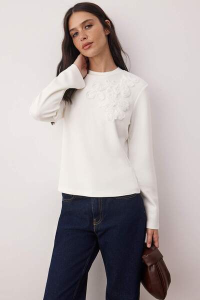 Trendyol Collection Ecru Embroidery Detailed Regular/Normal Fit Soft Buttoned Stretchy Knitted Blouse Twoaw26Bz00238