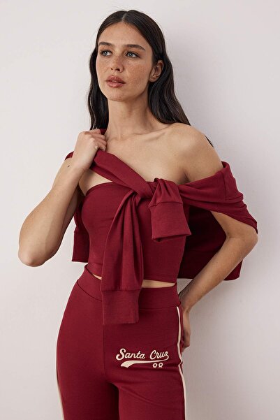 Trendyol Collection Burgundy 3-Piece Teen Slogan Embroidery Detailed Zippered Stretchy Knitted Bottom - Top Set Twoaw26Au00091