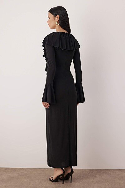 Trendyol Collection Black Ruffled Knitted Sandy Midi Lined Stylish/Evening Dress Tprss26El00001