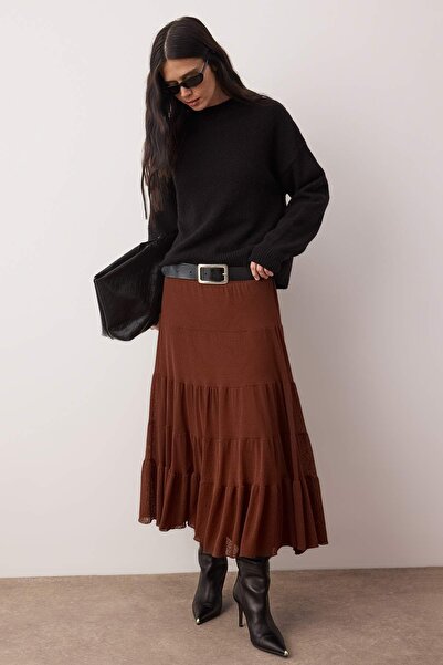 Trendyol Collection Brown A-Line Ruffle Detail Foam Stretchy Knitted Skirt Twoaw26Et00155