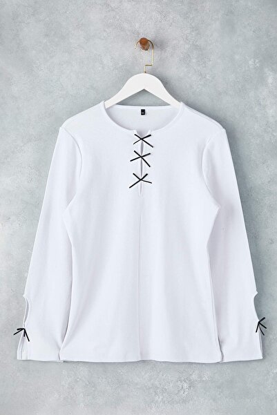 Trendyol Curve White Bow and Cut Out Detail Crew Neck Slim/Fitted Knitted Blouse Tbbaw26Af00023