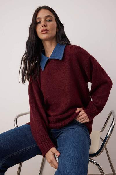 Trendyol Collection Burgundy Denim Collar Garnished Soft Textured Knitwear Sweater Twoaw26Kz00278