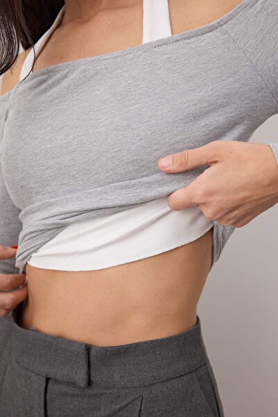 Trendyol Collection Gray Melange Fitted/Bodycon Cotton Stretch Knit Blouse Twoaw26Bz00037