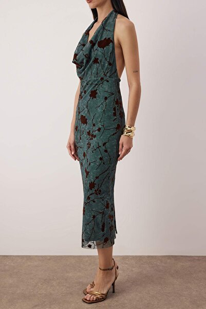 Trendyol Collection Emerald Green Floral Knitted Tulle Midi Lined Graduation/Prom Dress Tpraw26El00140