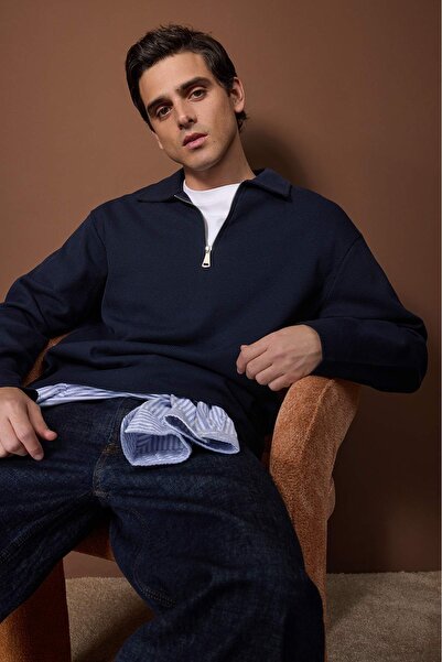 Trendyol Collection Navy Blue Oversize Polo Neck Plain Polo Neck T-Shirt/Sweatshirt Tmnaw26Po00000