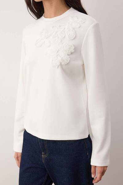 Trendyol Collection Ecru Embroidery Detailed Regular/Normal Fit Soft Buttoned Stretchy Knitted Blouse Twoaw26Bz00238