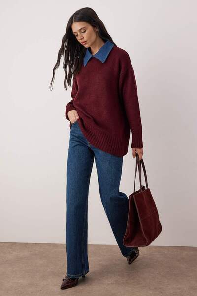 Trendyol Collection Burgundy Denim Collar Garnished Soft Textured Knitwear Sweater Twoaw26Kz00278