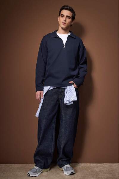 Trendyol Collection Navy Blue Oversize Polo Neck Plain Polo Neck T-Shirt/Sweatshirt Tmnaw26Po00000