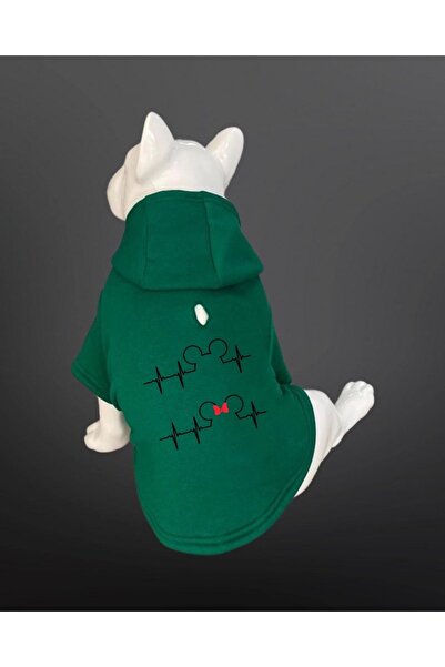 Buddy Store سويت شيرت بتصميم قطة وكلب - سويت شيرت بقلنسوة أخضر مطبوع عليه ميك...