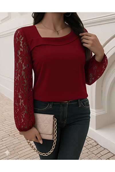 Butik Women's Long Sleeve Asymmetrical Collar Lace Imported Crepe Blouse