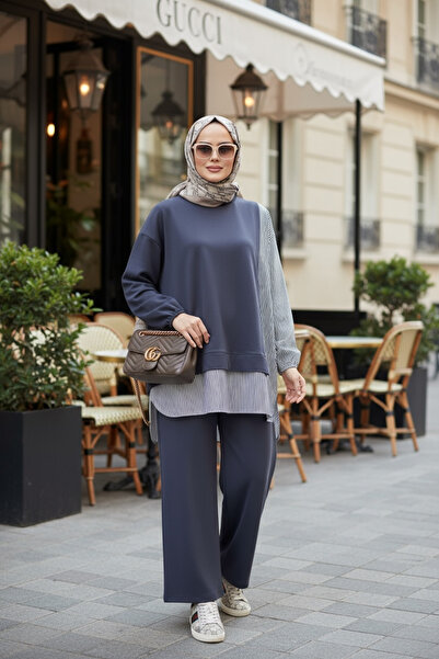 Aselim Hijap Moda طقم مكون من قطعتين مع تونيك مزين بقميص مخطط |   بنطلون واسع مع جيوب وقميص أنثراسيت رمادي