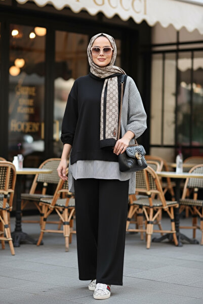 Aselim Hijap Moda طقم مكون من قطعتين مع تونيك مزين بقميص مخطط |   بنطلون واسع...