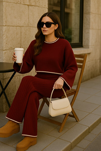 Cherry Butik Piped Relaxed Fit High Waist Pants Crop Sweater Luxury Two-Piece...