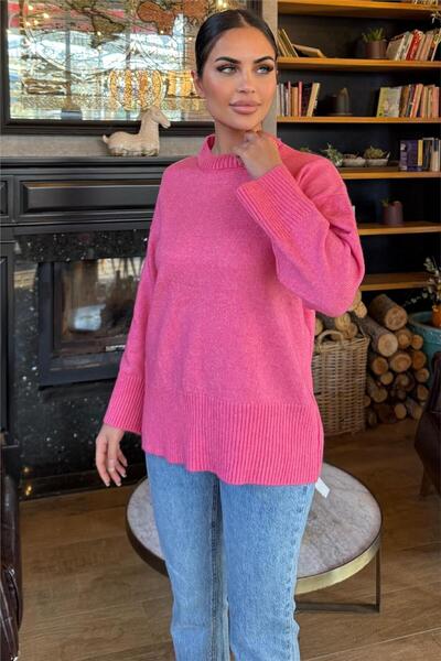 WeShaya Pink Ribbed Detailed Soft Textured Casual Crew Neck Sweater