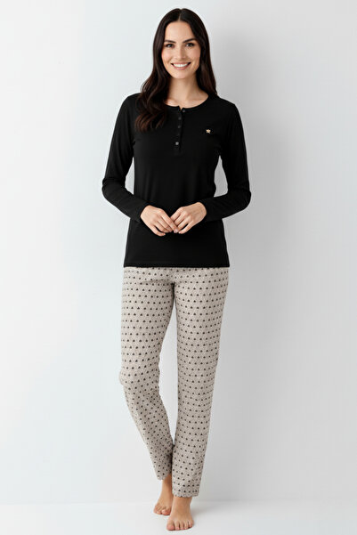 Pierre Cardin Women's Black Round Half Placket Button-Down Collar Modal-Cotton 2-Piece Pajama Set Vr.11.P91.C02.Y01