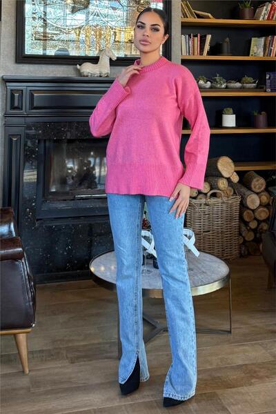 WeShaya Pink Ribbed Detailed Soft Textured Casual Crew Neck Sweater