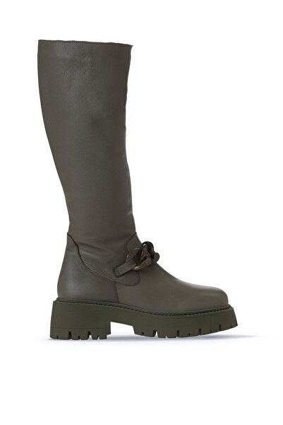 Bueno Shoes Χακί Δερμάτινα Γυναικεία Flat Μποτάκια 01wv3119