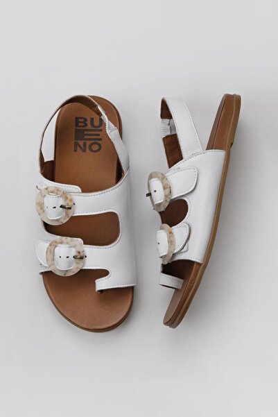 Bueno Shoes Γυναικεία Λευκά Δερμάτινα Σανδάλια Σαγιονάρες - 01wu4223