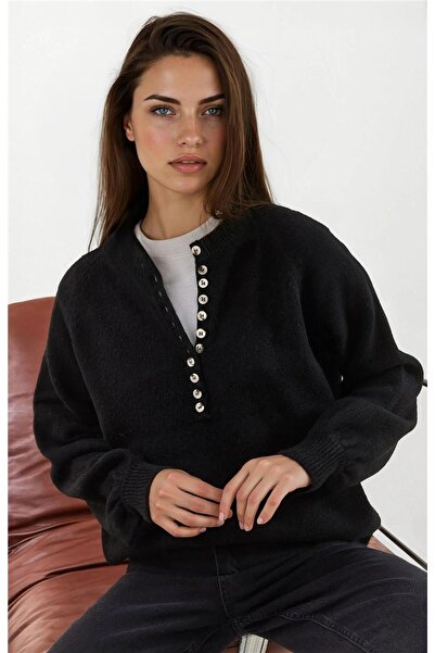 WeShaya Pulover tricotat cu dungi, negru mat, cu guler și cu dungi