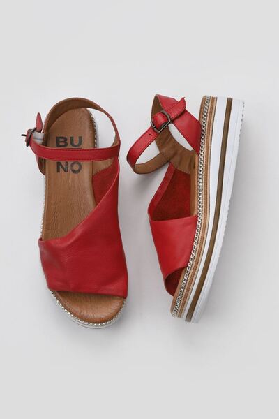 Bueno Shoes Κόκκινα Δερμάτινα Γυναικεία Σανδάλια Flat 01ws4203