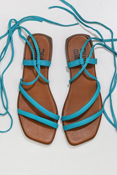 Bueno Shoes Γυναικεία φλατ σανδάλια από δέρμα τιρκουάζ 01wu1822