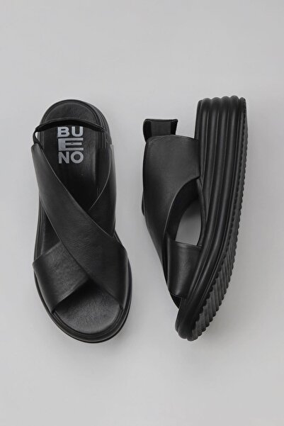 Bueno Shoes Γυναικεία πέδιλα μαύρα δερμάτινα με σφήνα τακούνια - 01wy5703