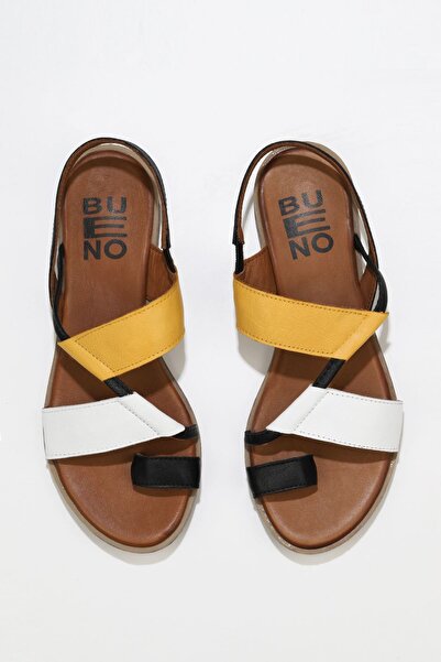 Bueno Shoes Δερμάτινα γυναικεία σανδάλια σαγιονάρες μαύρο λευκό - 01ws2513