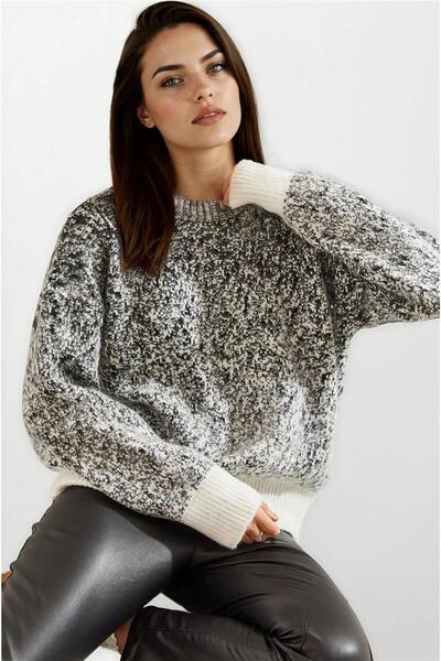 WeShaya Pulover tricotat cu mânecă lungă cu detalii perle alb-gri