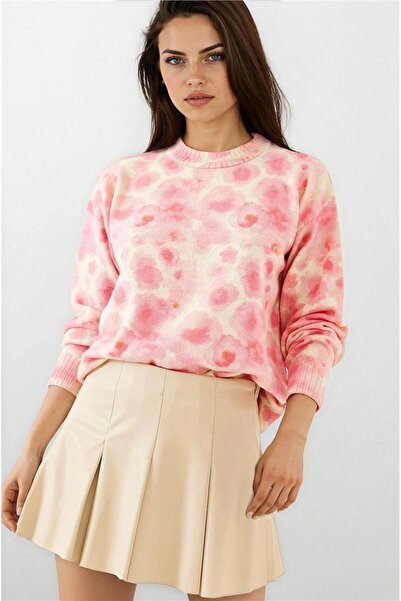 WeShaya Πλεκτό πουλόβερ με μακρυμάνικο στρογγυλό λαιμό σε μπεζ-ροζ σχέδιο