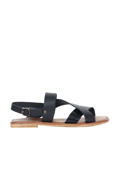 Bueno Shoes Μαύρα δερμάτινα γυναικεία φλατ σανδάλια 01ws6905