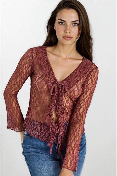 WeShaya Bluză din dantelă cu volane, cu decolteu în V, cu șireturi în față