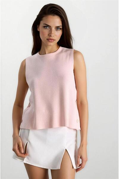 WeShaya Pink Crew Neck Side Buttoned 100% Acrylic Knitted Blouse