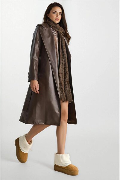 WeShaya Kahve Kuşaklı Suni Deri Uzun Kollu Trençkot