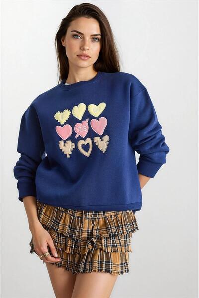 WeShaya Тъмносиня блуза с бродерия на сърце и качулка