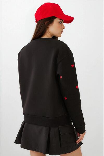 WeShaya Черна блуза с бродерия на сърце и кръгла яка, 100% памук