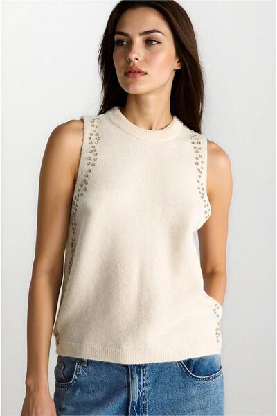WeShaya Bluză din tricot fără mâneci brodată cu piatră ecru