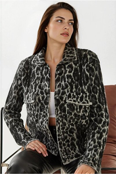 WeShaya Cardigan cu mânecă lungă din jacquard cu model leopard negru-gri