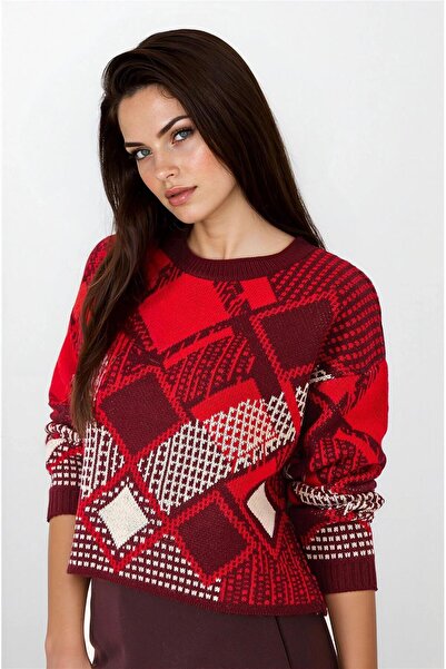 WeShaya Pulover din tricotaj acrilic jacquard cu model baklava roșu-bordeau