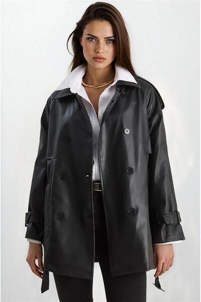 WeShaya Trenci scurt din piele artificială, cu guler dublu, cu centură, negru