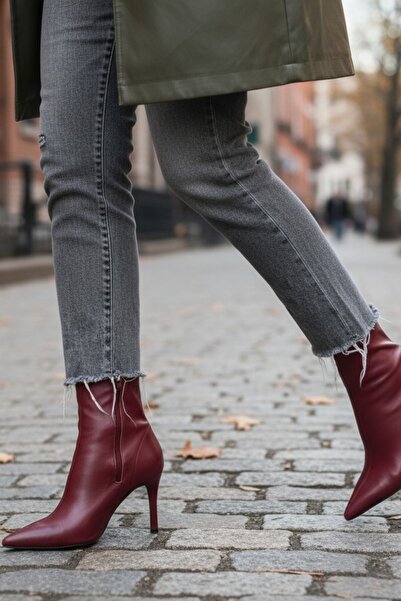 Cochines Burgundy Stretch Boots Women's Thin Stiletto Heel Zippered Comfortable Daily Heeled Boots