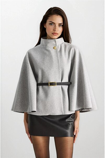 WeShaya Gray Gold Button Detailed Belted Wool Poncho