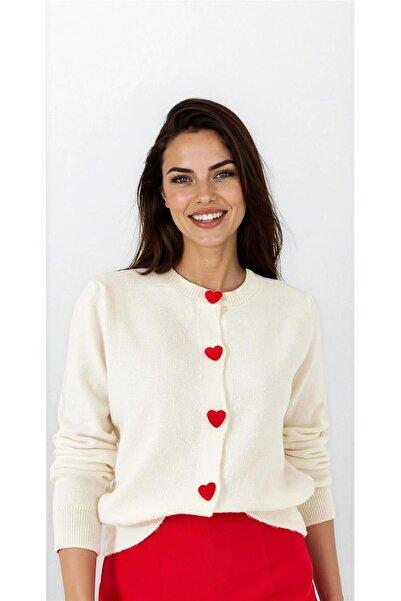 WeShaya Ecru Heart Button Round Neck Knitwear Cardigan