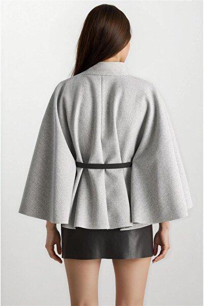 WeShaya Gray Gold Button Detailed Belted Wool Poncho